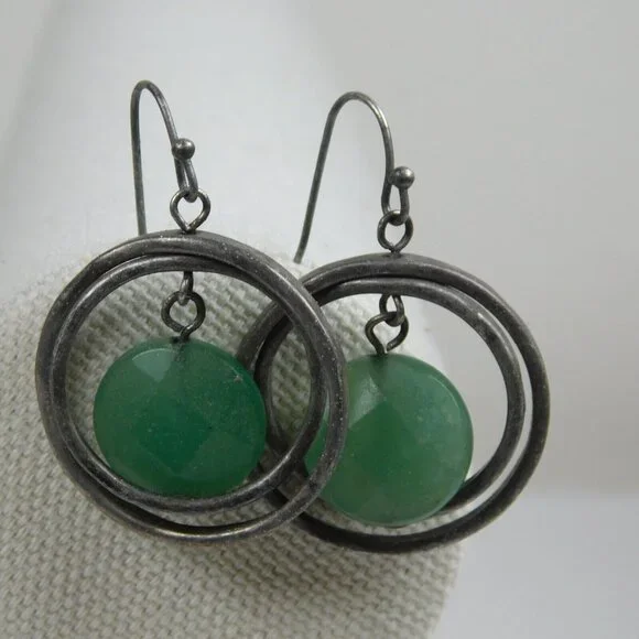 Silver Tone Double Ring Green Bead Dangle Fashion Earrings 1" Diameter Round - Picture 1 of 9